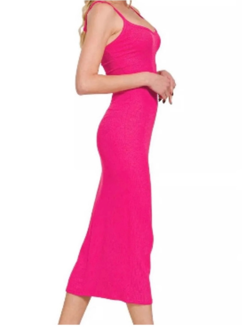 NWOT Zenana Outfitters Hot Pink Spaghetti Strap Bodycon Midi Dress - Picture 2 of 3